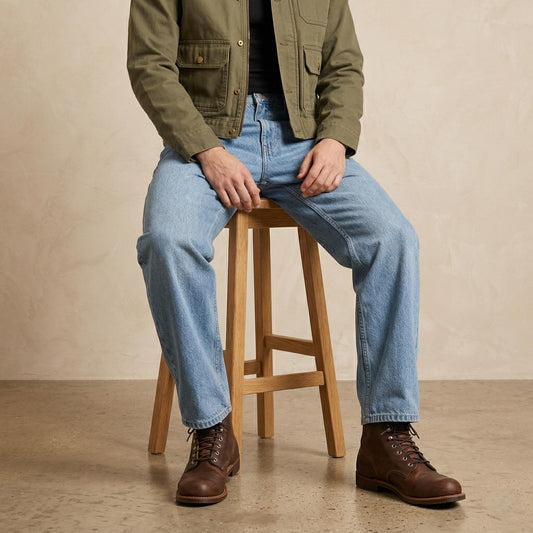 Mens Vintage Washed Denim Jeans, Straight Leg Relaxed Fit Pants
