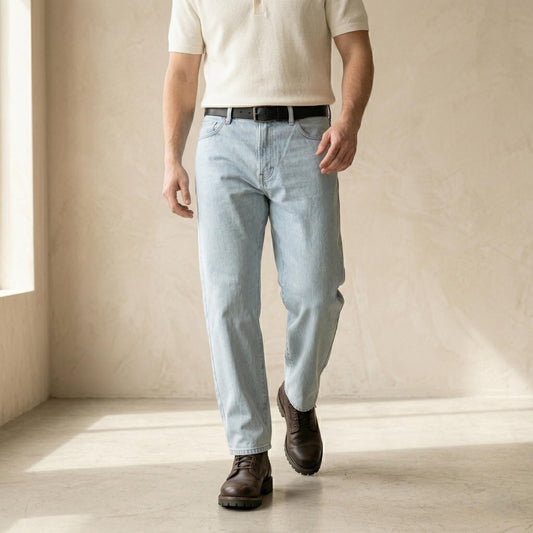 Mens Vintage Washed Denim Jeans, Straight Leg Relaxed Fit Pants
